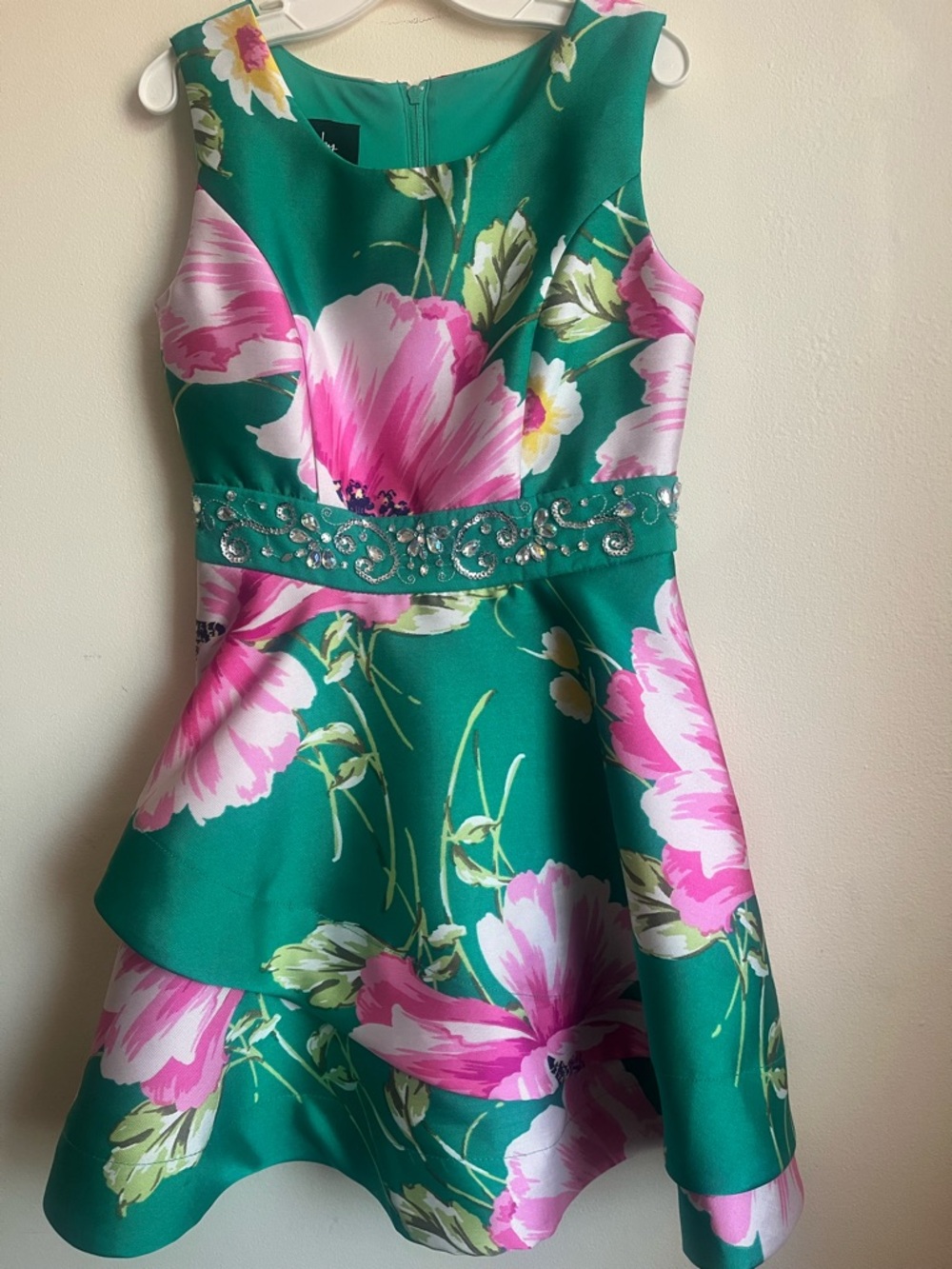 Girls Green Floral Party Dress with Pink Bloom Accents size 7